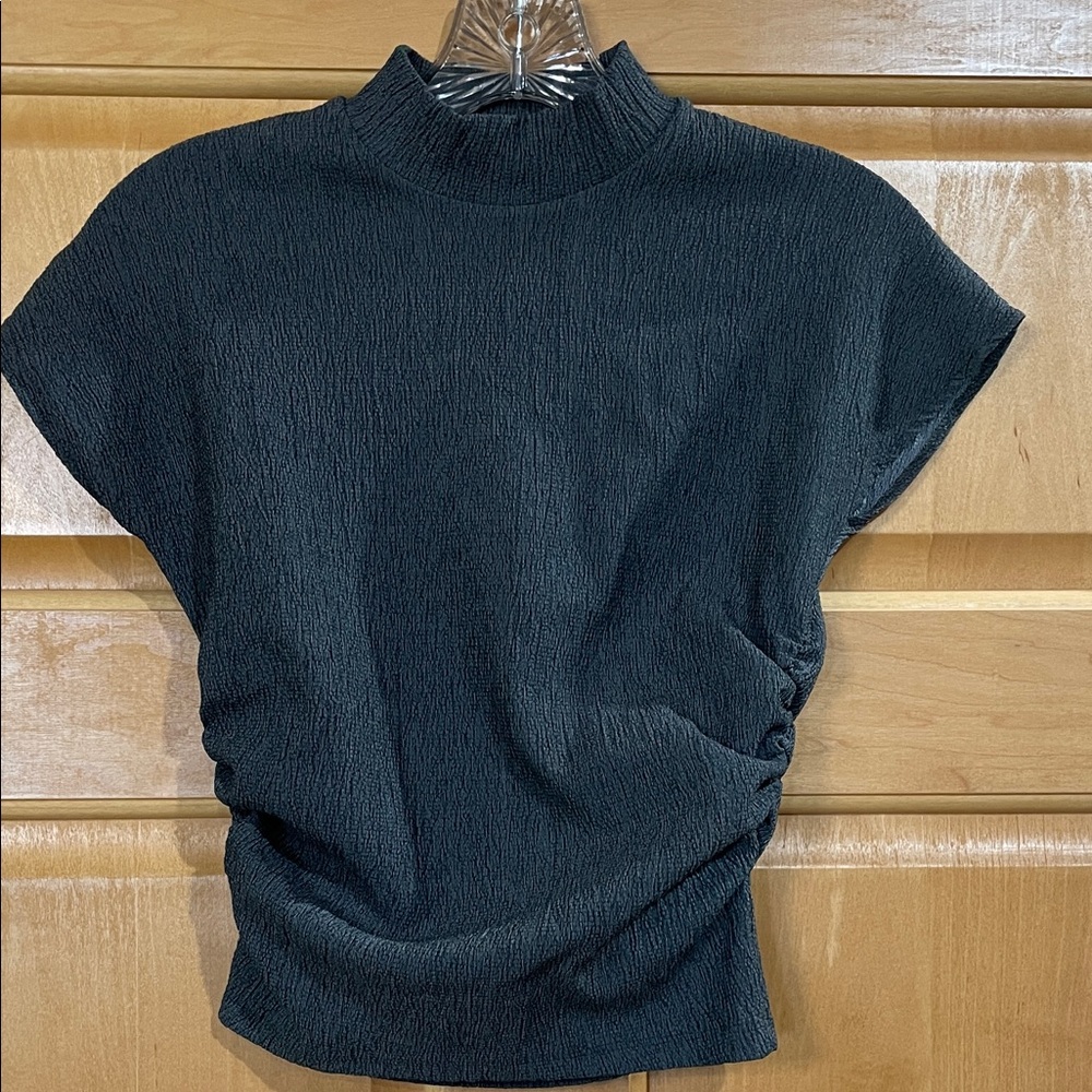 Zara Black Textured Mock Neck Short Sleeve Top